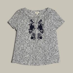 Style & Co Peasant Blouse Womens 1X White Navy Blue Embroidered Tassel Casual